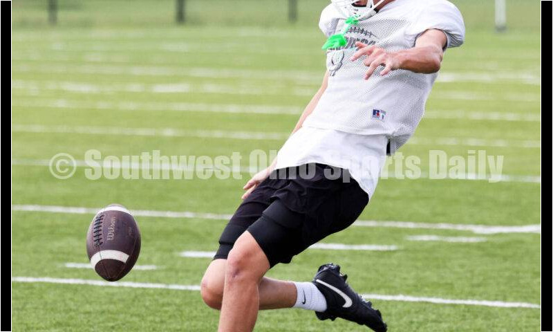 Harrison High School's Aaron Davis work on his punting Aug. 7, 2025, during a football practice at the school in Harrison. RICK CASSANO/STAFF