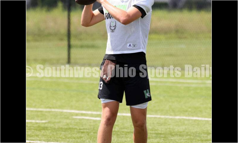 Harrison High School quarterback Brady Lawhon gets loose Aug. 7, 2025, during a football practice at the school in Harrison. RICK CASSANO/STAFF