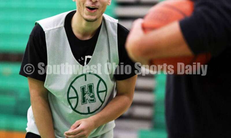 Harrison High School's Braylen Jouett reacts to a play Nov. 25, 2025, during a boys basketball practice in Harrison. RICK CASSANO/STAFF