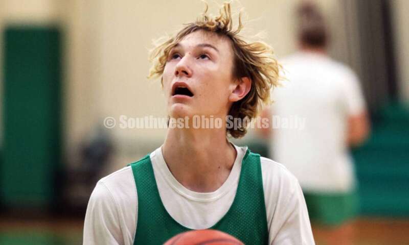 Harrison High School's Colton Stegman eyes the basket Nov. 25, 2025, during a boys basketball practice in Harrison. RICK CASSANO/STAFF
