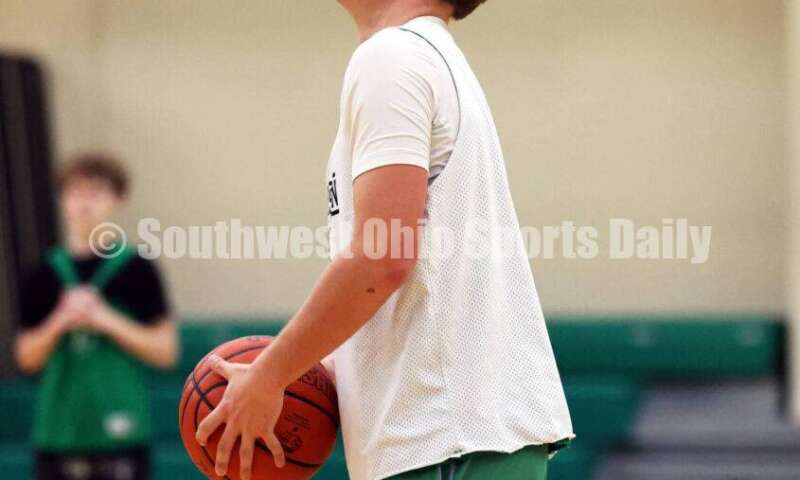 Harrison High School's Tucker Ward looks to make a pass Nov. 25, 2025, during a boys basketball practice in Harrison. RICK CASSANO/STAFF