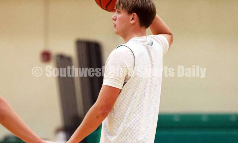 Harrison High School's Tucker Ward handles the ball Nov. 25, 2025, during a boys basketball practice in Harrison. RICK CASSANO/STAFF