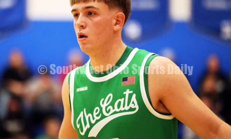 Harrison High School's Tucker Ward sets up defensively Dec. 8, 2025, during a boys basketball game at Reading. Harrison won 62-42. RICK CASSANO/STAFF