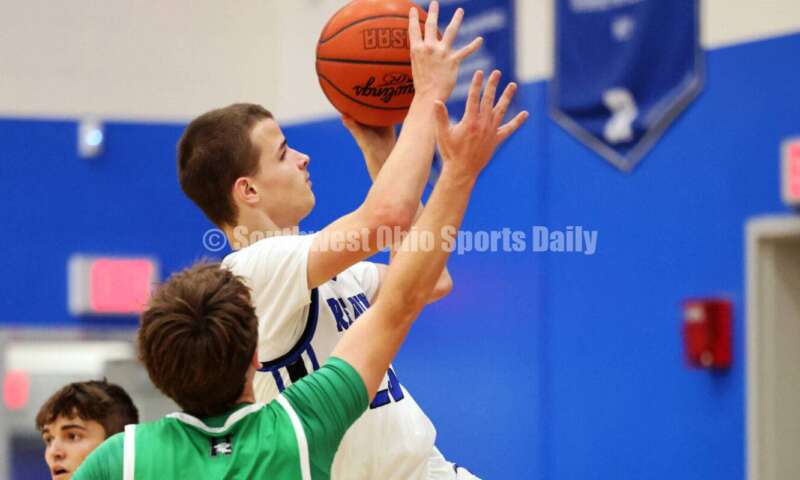 Reading High School's Jared Webb goes to the basket Dec. 8, 2025, during a boys basketball game against Harrison at Reading. Harrison won 62-42. RICK CASSANO/STAFF
