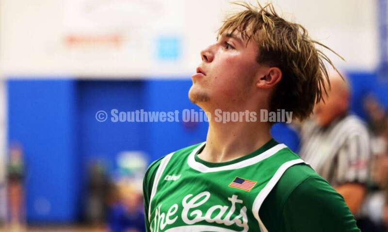 Harrison High School's Dillon Witt watches his shot Dec. 8, 2025, during a boys basketball game at Reading. Harrison won 62-42. RICK CASSANO/STAFF
