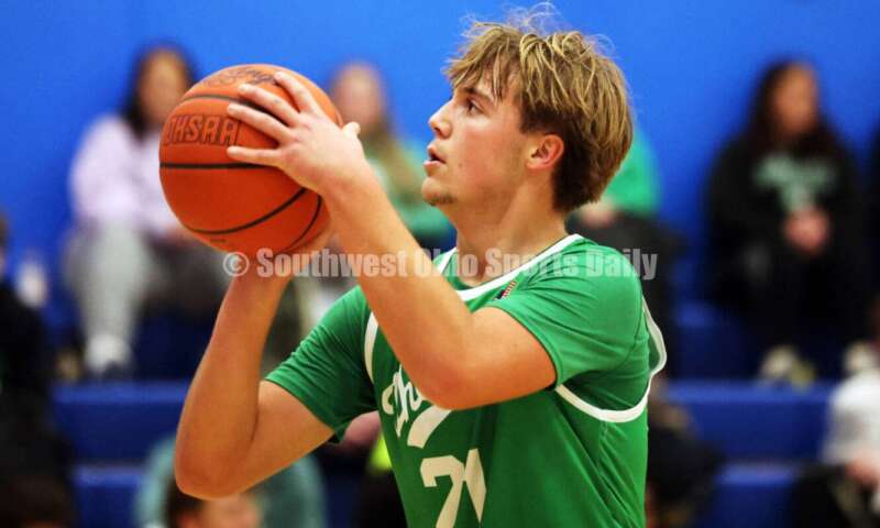 Harrison High School's Dillon Witt lines up a free throw Dec. 8, 2025, during a boys basketball game at Reading. Harrison won 62-42. RICK CASSANO/STAFF