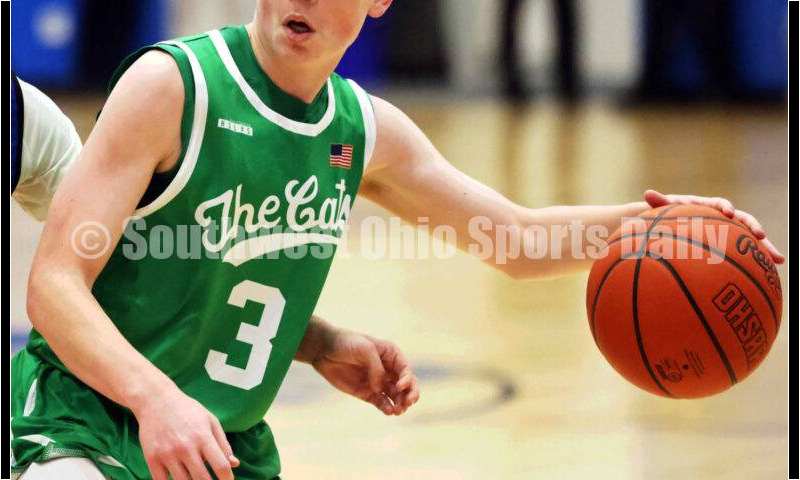 Harrison High School's Derek Stigler handles the ball Dec. 8, 2025, during a boys basketball game at Reading. Harrison won 62-42. RICK CASSANO/STAFF