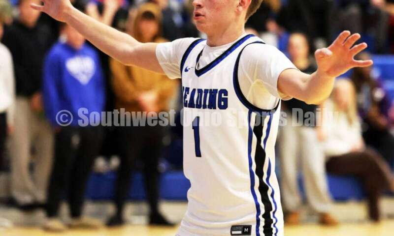 Reading High School's Marc Smith guards an inbounds pass Dec. 8, 2025, during a boys basketball game against Harrison at Reading. Harrison won 62-42. RICK CASSANO/STAFF